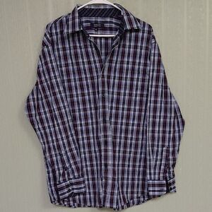 BOGARI Men's Plaid Shirt - Blue and Red button Down Collared Dress